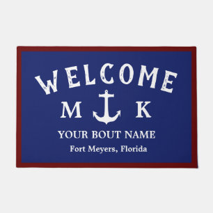 Nautical Navy Blue Welcome Aboard Boat Name Anchor Doormat