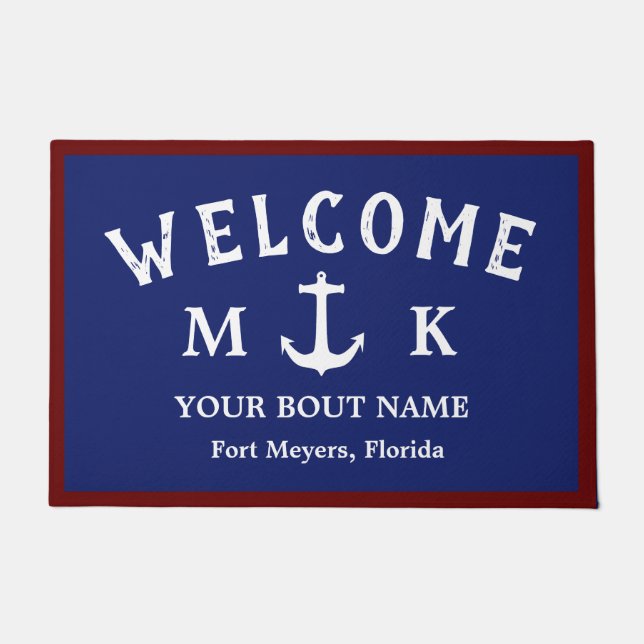 Nautical Navy Blue Welcome Aboard Boat Name Anchor Doormat (Front)