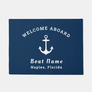 Nautical Navy Blue Welcome Aboard Boat Name Anchor Doormat
