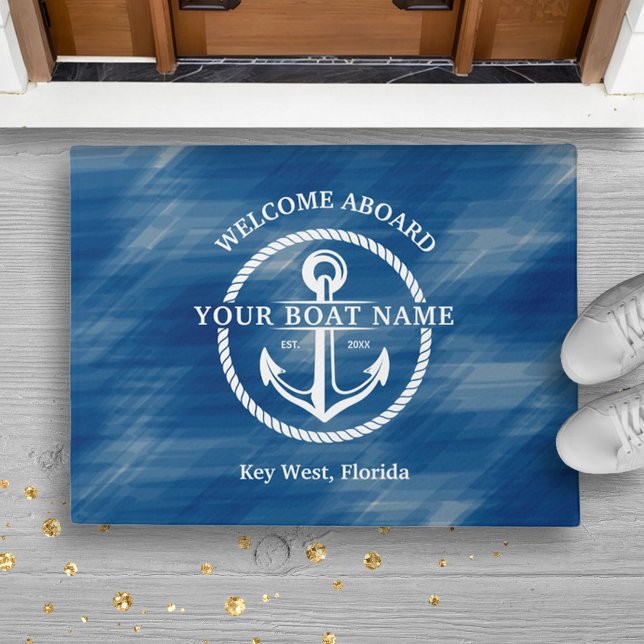 Nautical Navy Blue Welcome Aboard Boat Name Anchor Doormat (Nautical Navy Blue Welcome Aboard Boat Name Anchor Doormat)