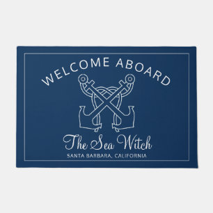 Nautical Navy Blue Welcome Aboard Boat Name Anchor Doormat