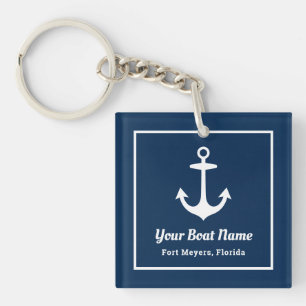 Nautical Navy Blue Welcome Aboard Boat Name Anchor Key Ring