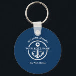 Nautical Navy Blue Welcome Aboard Boat Name Anchor Key Ring<br><div class="desc">Nautical Navy Blue White Welcome Aboard Boat Name Anchor and Rope Design. Beautiful nautical navy blue and white design with circular rope border,  anchor and custom text. Personalise with your boat name and text. Original and unique Design by Golden Bloom Home.</div>