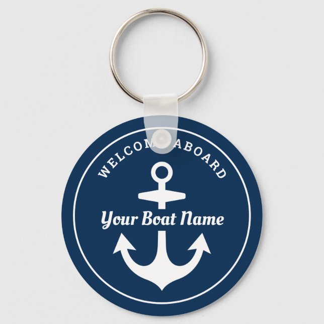 Nautical Navy Blue Welcome Aboard Boat Name Anchor Key Ring (Front)
