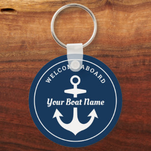 Nautical Navy Blue Welcome Aboard Boat Name Anchor Key Ring