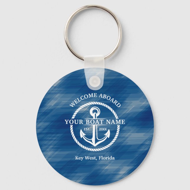 Nautical Navy Blue Welcome Aboard Boat Name Anchor Key Ring (Front)