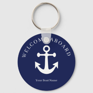 Nautical Navy Blue Welcome Aboard Boat Name Anchor Key Ring