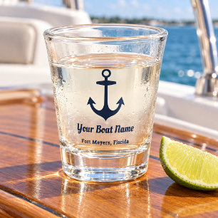 Nautical Navy Blue Welcome Aboard Boat Name Anchor Shot Glass