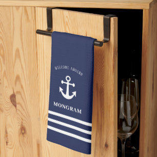 Nautical Navy Blue Welcome Aboard Boat Name Anchor Tea Towel