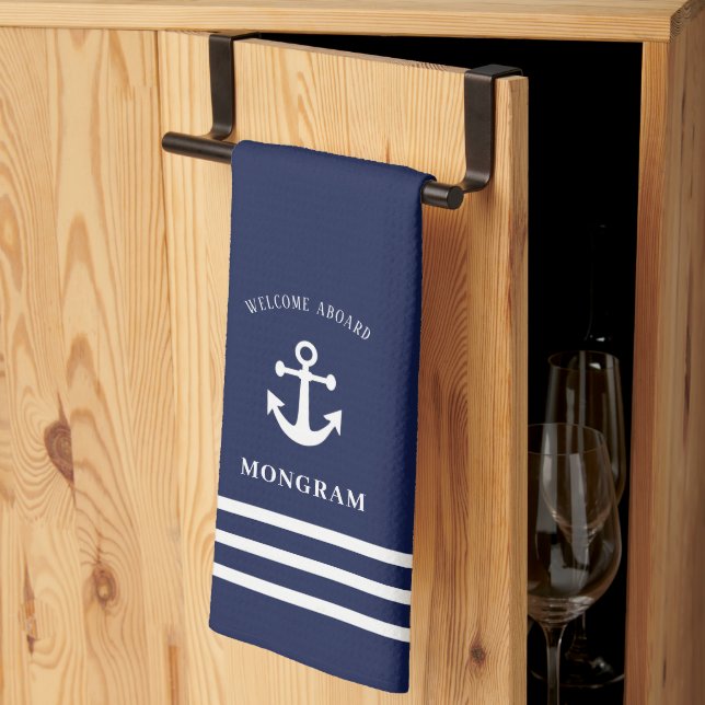 Nautical Navy Blue Welcome Aboard Boat Name Anchor Tea Towel (Thirds Fold)