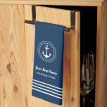 Nautical Navy Blue Welcome Aboard Boat Name Anchor Tea Towel<br><div class="desc">Nautical kitchen towel features a simple,  stylish navy blue and white coastal style design with boat anchor accent framed by a round circle rope,  along with horizontal stripes detail. Personalise the custom text with the name of your boat along with her location city and state.</div>