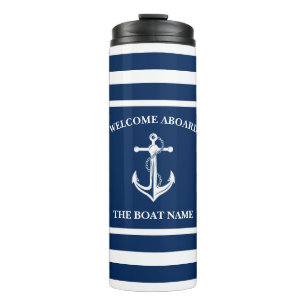 Nautical Navy Blue Welcome Aboard Boat Name Anchor Thermal Tumbler