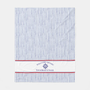 Nautical Navy Blue Welcome Aboard Boat Name Fleece Blanket
