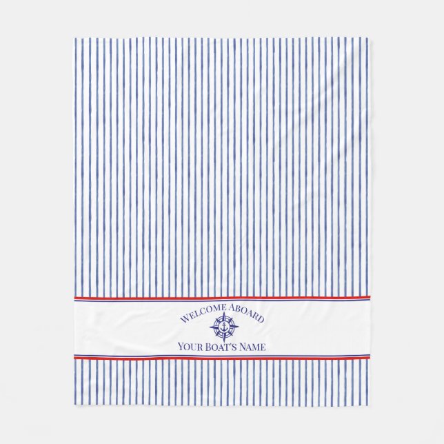Nautical  Navy Blue Welcome Aboard Boat Name  Fleece Blanket (Front)
