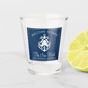 Nautical Navy Blue Welcome Aboard Boat Name Shot G Shot Glass