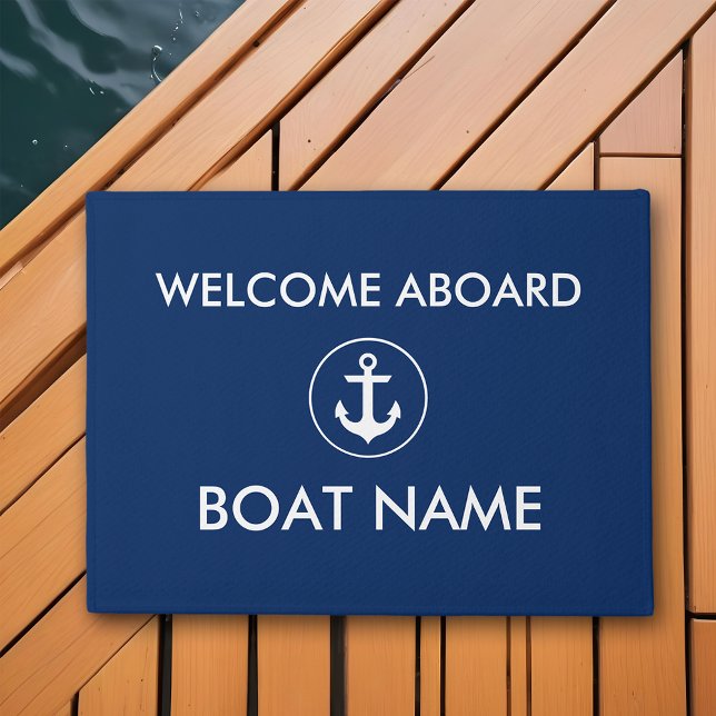 Nautical Navy Blue Welcome Boat Name Door Mat (Customize to change text size, text style or background color.)