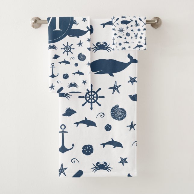 Nautical Navy Blue Whale Dolphin Anchor Bath Towel Set (Insitu)
