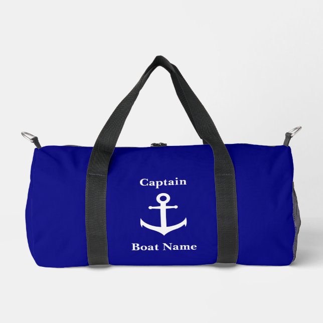 Nautical Navy Blue White Anchor Boat Name Captain Duffle Bag (Front)