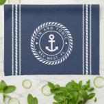 Nautical Navy Blue & White Anchor Boat Name Tea Towel<br><div class="desc">Add a cool custom touch to your fishing boat,  sailboat,  yacht,  or houseboat galley with this personalised kitchen towel. Classic nautical design in navy blue features your boat name and ship's registry curved inside a white rope logo badge with an anchor illustration in the centre.</div>