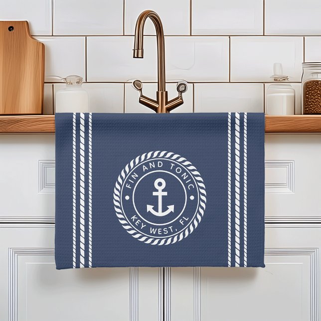 Nautical Navy Blue & White Anchor Boat Name Tea Towel (Creator Uploaded)