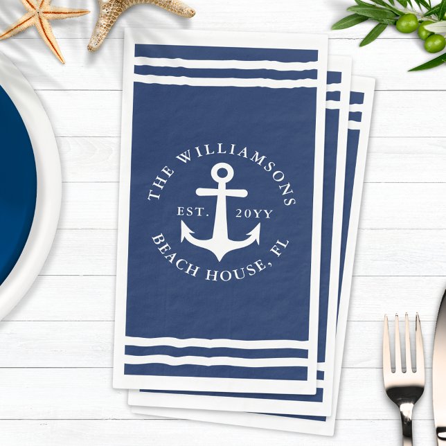 Nautical Navy Blue White Anchor Family Name Napkin (Creator Uploaded)