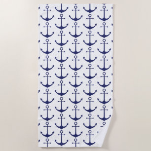 Nautical navy blue white anchor pattern beach towel