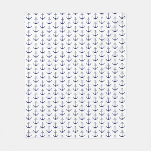 Nautical navy blue white anchor pattern modern fleece blanket