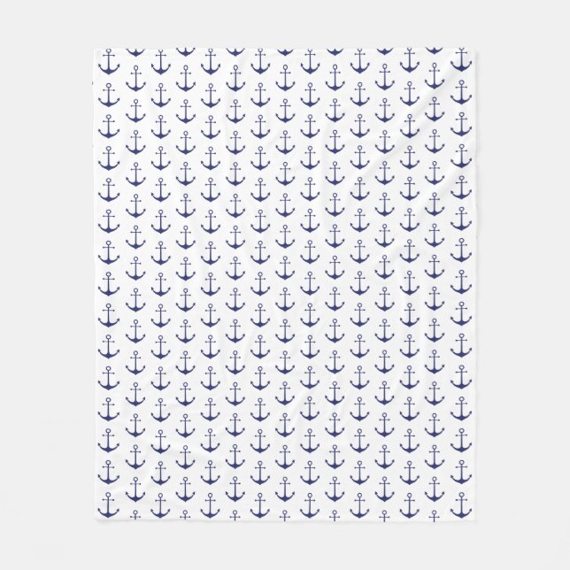 Nautical navy blue white anchor pattern modern fleece blanket (Front)