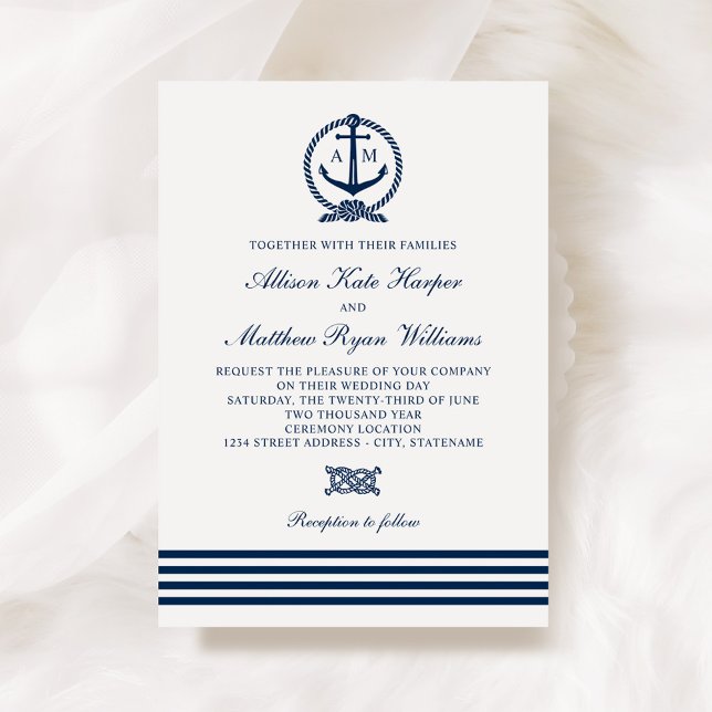 Nautical Navy Blue White Anchor Stripes Wedding Invitation (Creator Uploaded)