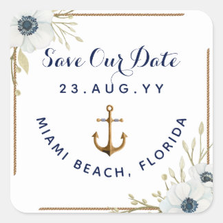 Nautical Navy Blue & White Anemone Anchor Wedding Square Sticker