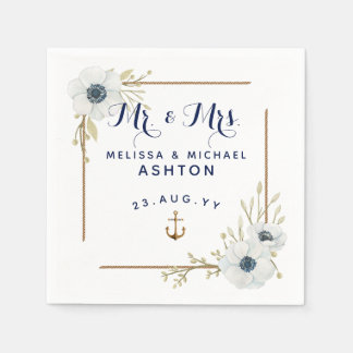 Nautical Navy Blue & White Anemone Dated Wedding Napkin