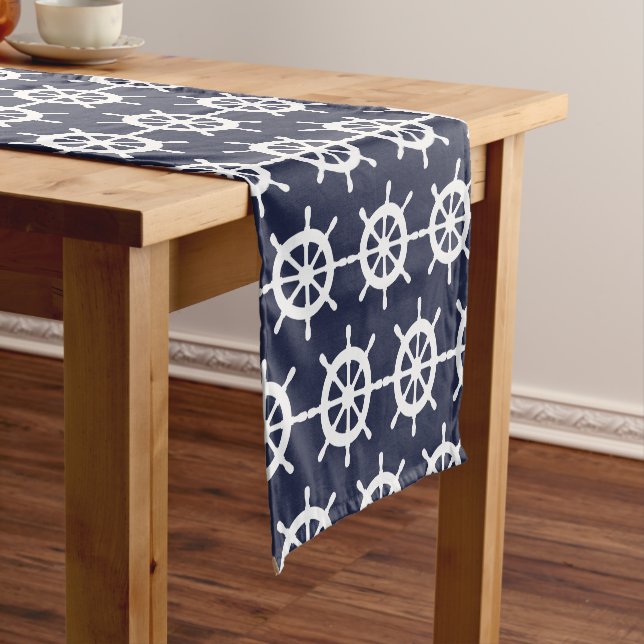 Nautical navy blue & white boat helm table runner (In Situ)