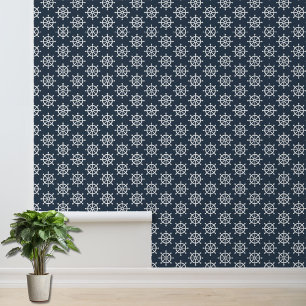 Nautical Navy Blue White Boat Wheel Pattern Accent Wallpaper