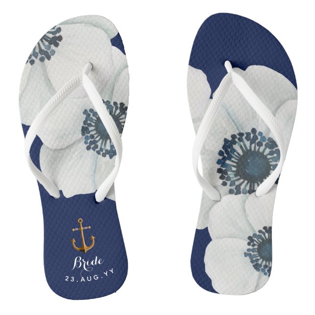 Nautical Navy Blue White Cascading Anemones Bride Jandals (Footbed)