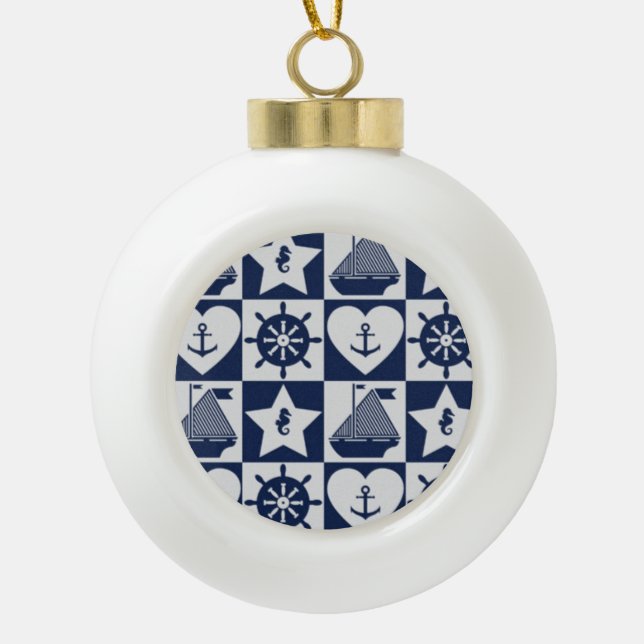 Nautical navy blue white chequered ceramic ball christmas ornament (Front)