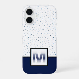 Nautical Navy Blue White Dots Striped Monogram iPhone 16 Case