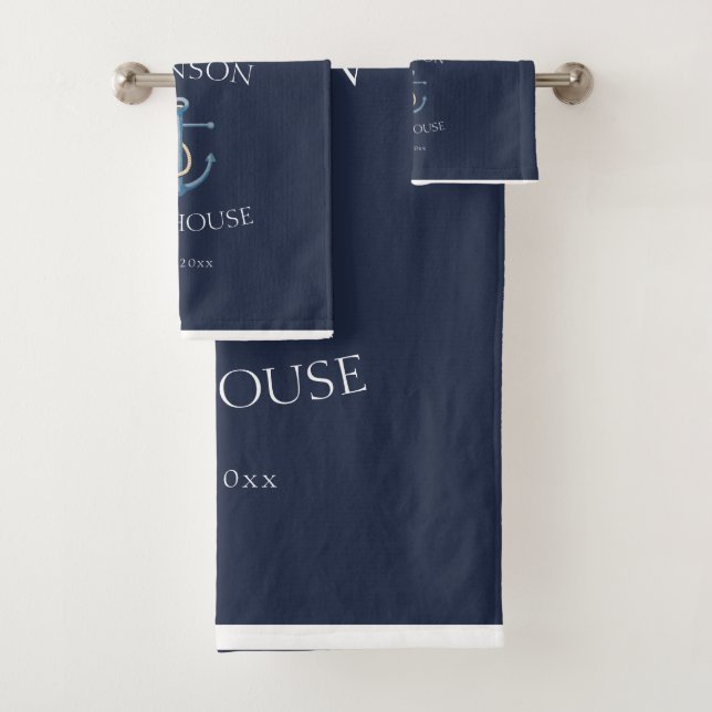 Nautical Navy Blue White Family Name Lake House Bath Towel Set (Insitu)