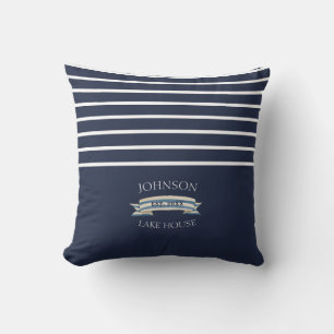 Nautical Navy Blue White Family Name Lake House Cushion