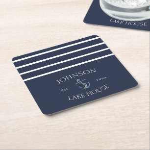 Nautical Navy Blue White Family Name Lake House Square Paper Coaster