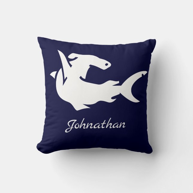 Nautical Navy Blue White Hammerhead Shark Name Cushion (Front)