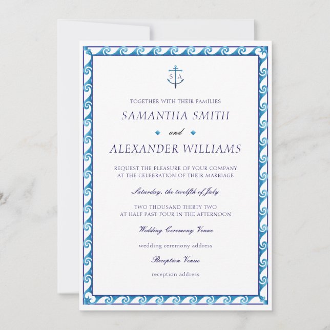 Nautical Navy Blue White Monogram Anchor Wedding Invitation (Front)