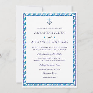 Nautical Navy Blue White Monogram Anchor Wedding Invitation