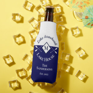 Nautical Navy Blue White Monogram Lake House  Bottle Cooler