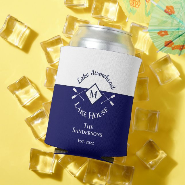 Nautical  Navy Blue White Monogram Lake House Can  Can Cooler (In Situ Summer)