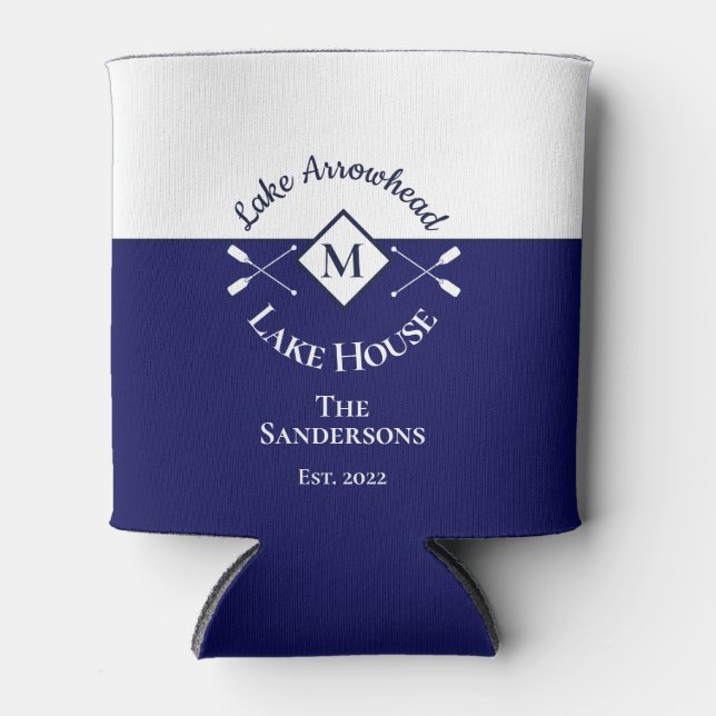 Nautical  Navy Blue White Monogram Lake House Can Cooler (Front)
