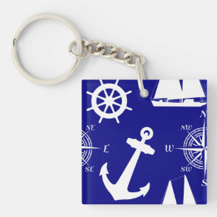 Nautical Navy Blue White Pattern Key Ring