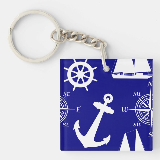 Nautical Navy Blue White Pattern Key Ring (Front)
