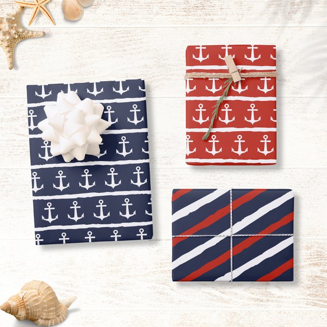 Nautical Navy Blue White Red Stripes Anchor Wrapping Paper Sheet (Creator Uploaded)