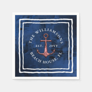 Nautical Navy Blue White Rose Gold Anchor Family Napkin