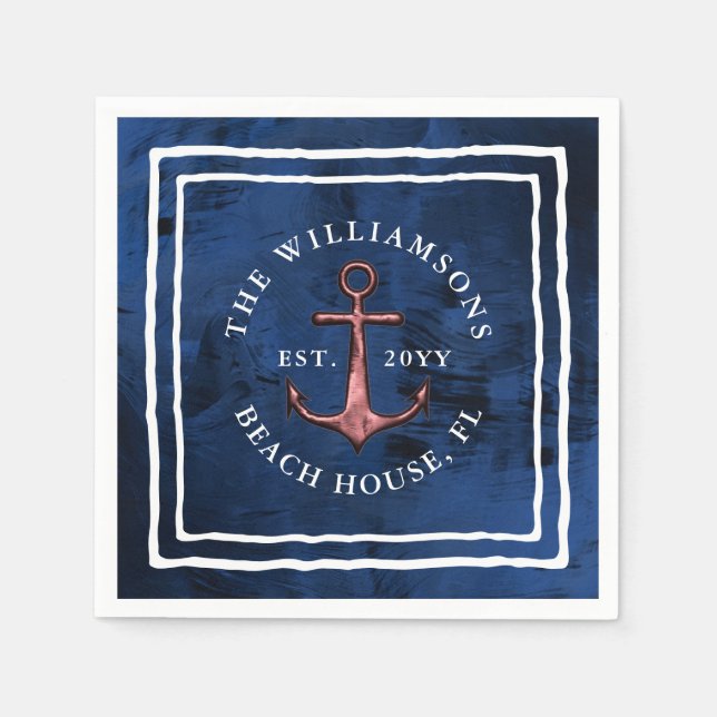 Nautical Navy Blue White Rose Gold Anchor Family Napkin (Front)